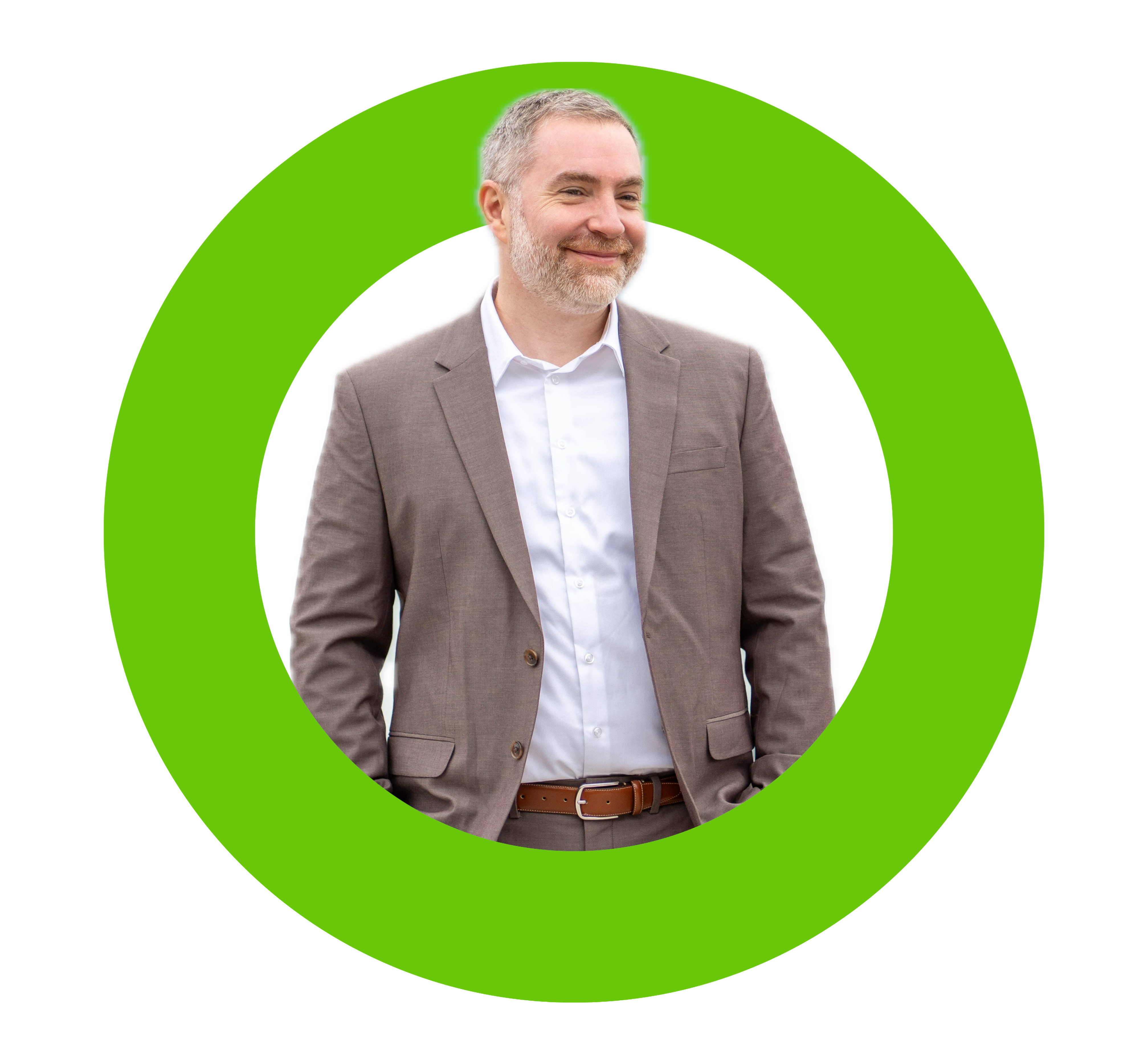 Cody Zuschlag wearing a jacket and white shirt, framed by a green circle