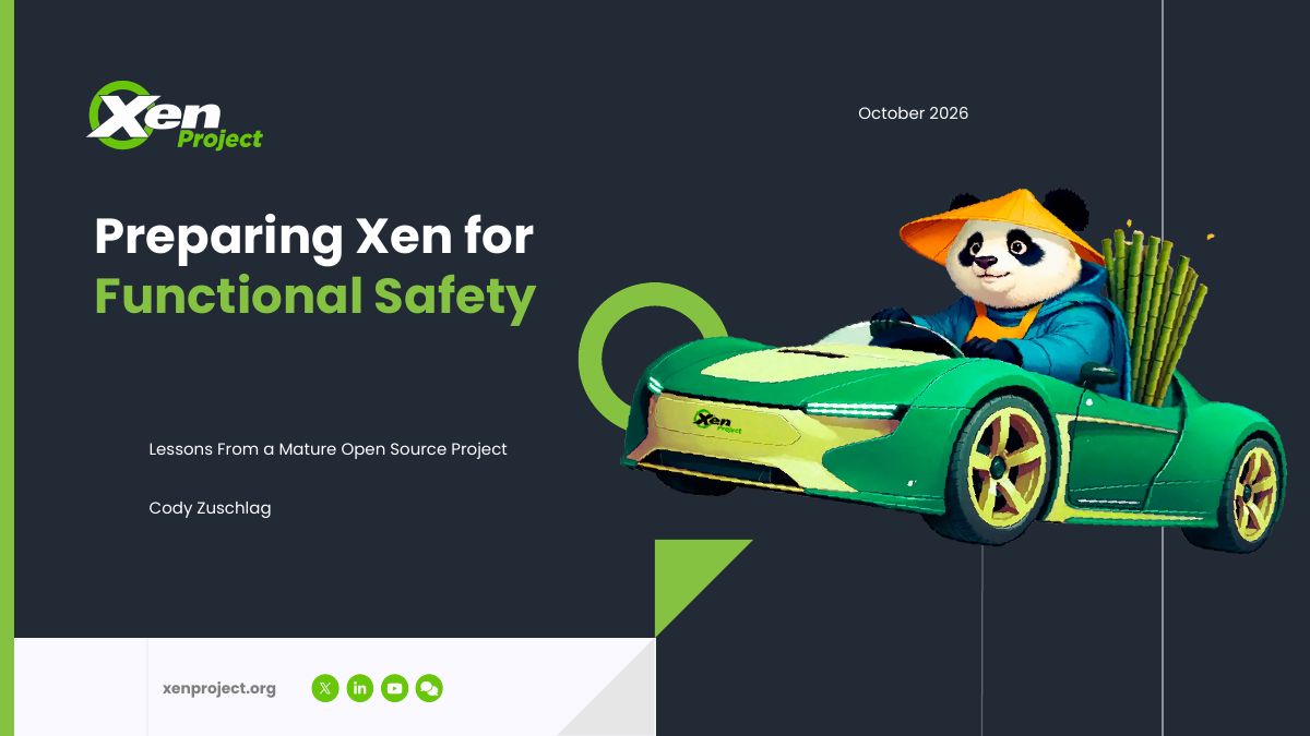 Functional Safety title slide with the Xen panda mascot driving a green car.