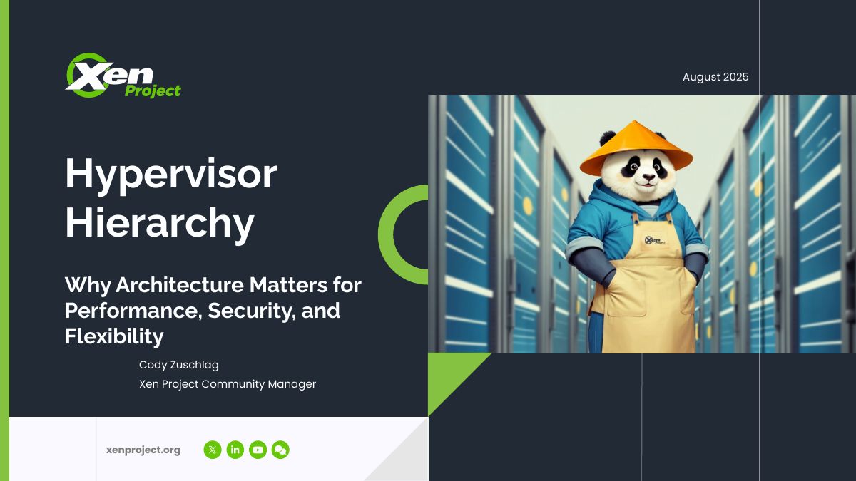 Hypervisor Hierarchy title slide with the Xen panda mascot among server racks.