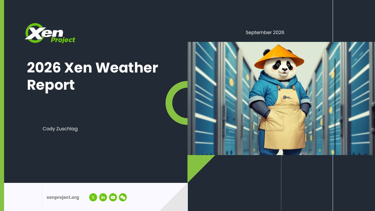 Weather Report title slide with the Xen panda mascot in a raincoat.